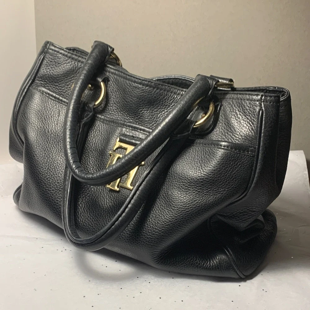 Tommy Hilfiger Black Soft Leather Satchel with Gold Logo and Hardware